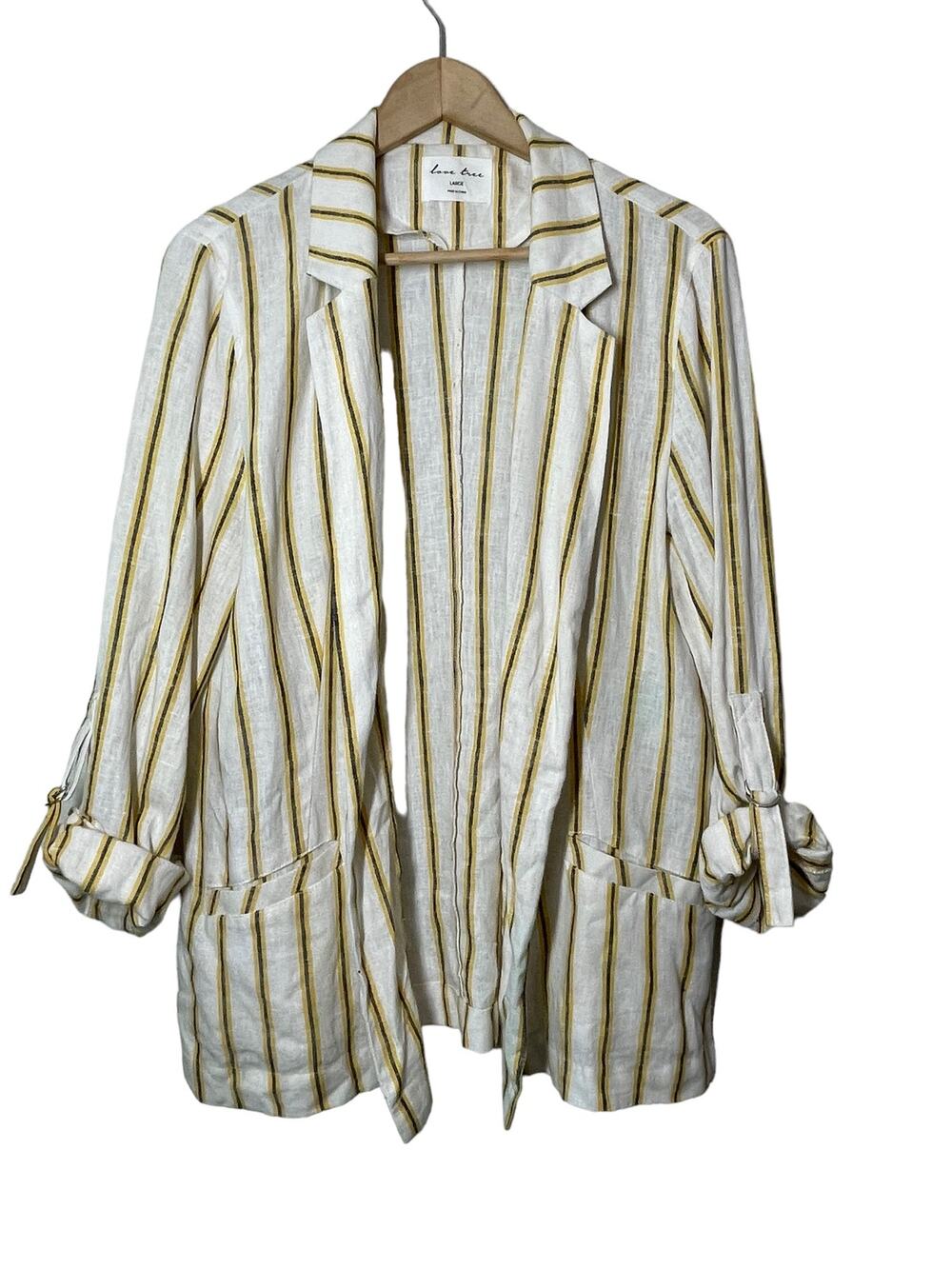 Love Tree Open Blazer Linen Viscose Striped Large Ivory Yellow Roll Tab Sleeve